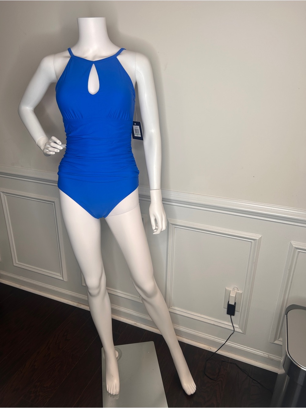 Ellen Tracy One Piece Swimsuit Women Size 8 Blue High Neck Ruched Slimming NWT - Picture 2 of 15